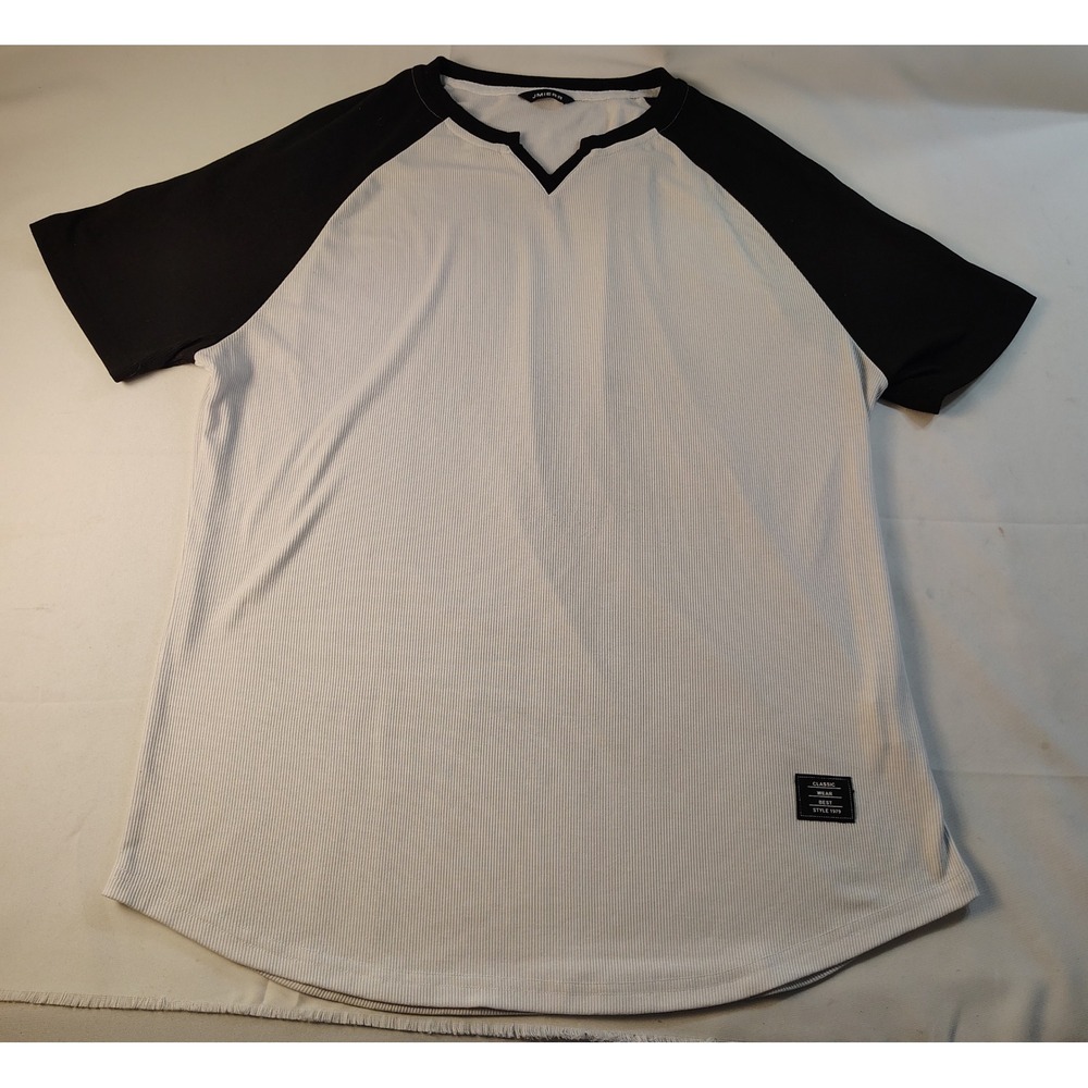 JMIERR Mens Raglan T-Shirt White Black Ribbed Notched V-Neck Curved Hem Size L